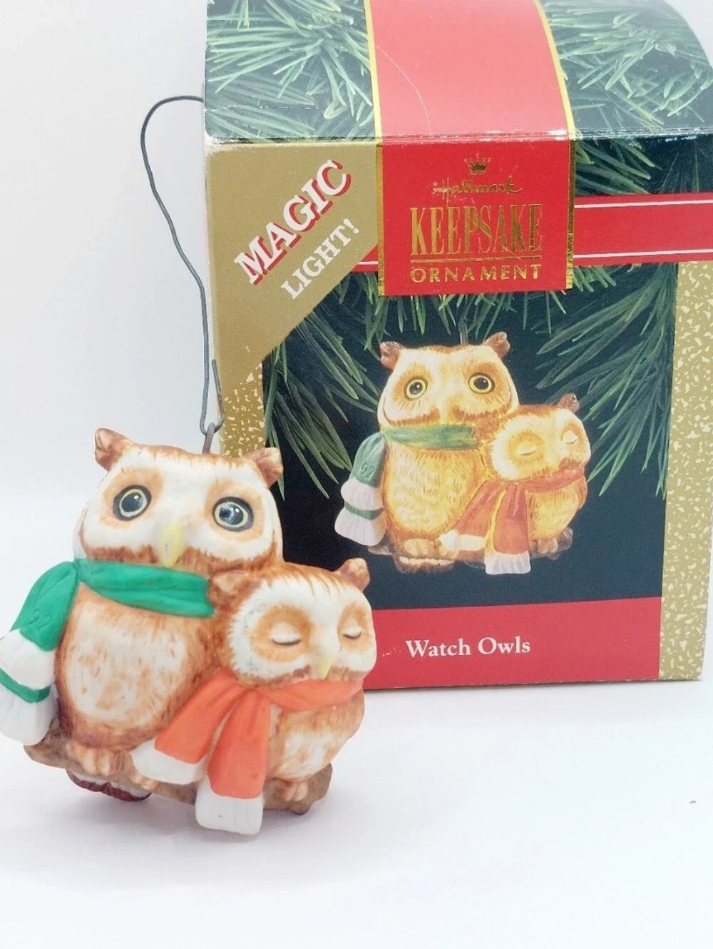 Hallmark Keepsake Watch Owls Magic Light Ornament 1992 Porcelain w/ Box